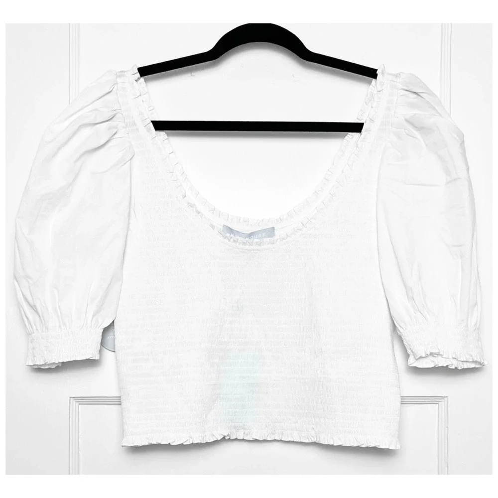 HILL HOUSE Puff Short Sleeve Ruffle Scoop Neck‎ Smocked Cropped Nap Top S